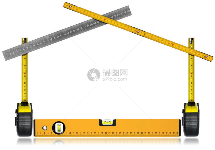 房屋形状的工作具卷尺金属尺木制折叠尺和水平仪在白图片