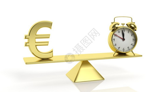 金色平衡比例表有欧元符号和闹钟图片