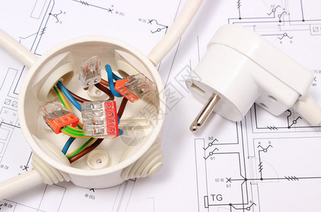 电箱中的铜线连接和位于房屋施工图上的电插头工程配图片