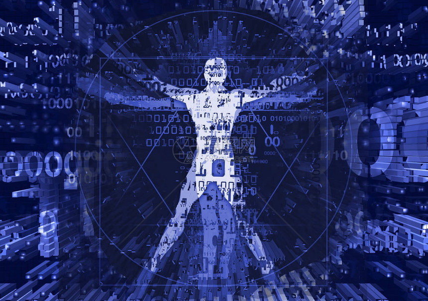 计算机数据爆炸中的维特鲁威人维特鲁威人的未来主义插图用二进制代码象图片