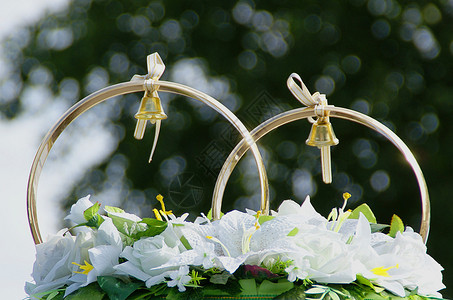 婚礼装饰品一对带铃铛和白花的戒指图片