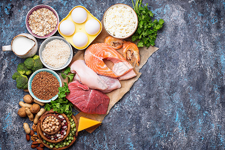蛋白质含量高的健康食品肉鱼乳制品坚果和豆类图片