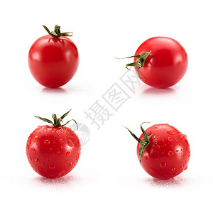 在白色上隔离的排列好的樱桃番茄的特写视图图片