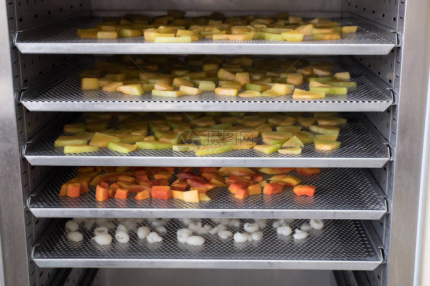 在热空气烤炉中干燥热带水果干罐头芒果胡萝卜不锈图片