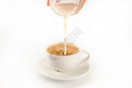 将牛奶倒进一杯咖啡新鲜热图片