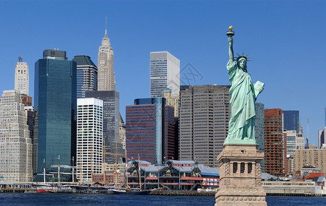 自由女神像与纽约市令人印象深刻的天线相比具背景图片