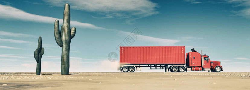 大红色卡车在沙漠的一条路上这是图片