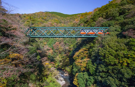 日本夏孔镇秋天有铁路桥和火车的美丽山地景色Hakone图片