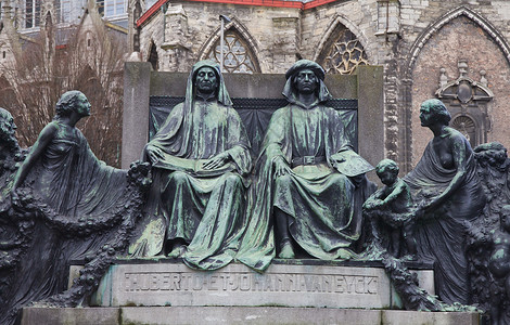 为十四至十五世纪著名画家休伯特和扬凡艾克兄弟的青铜纪念碑图片