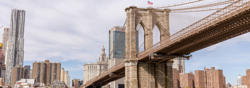 美国纽约布鲁克林大桥和曼哈顿全景背景图片