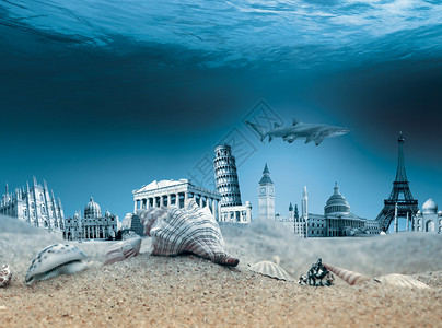 来自海底世界的地标有沙子贝壳和鲨鱼图片