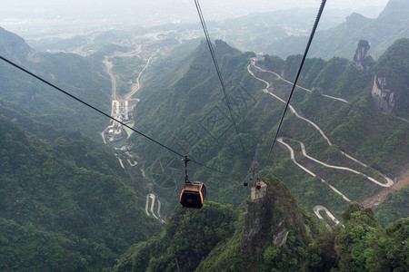 从最长的缆车上看天门山盘公路摄于图片