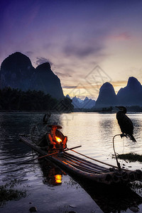 漓江鸬鹚渔夫在著名的漓江边休息高清图片