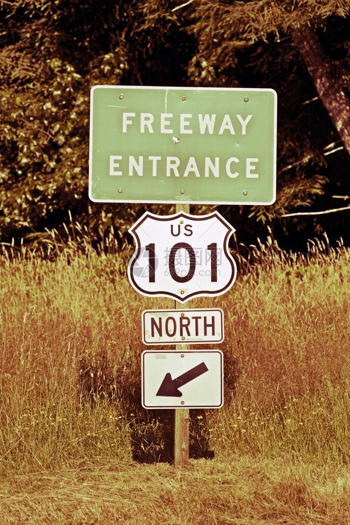 101号公路北入口标志著名的加州号公路复古色彩图片