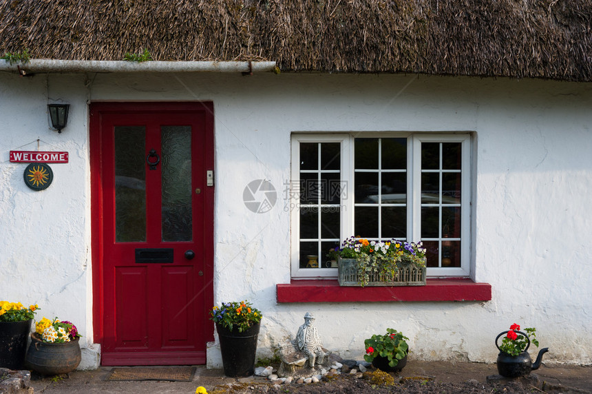传统的爱尔兰茅草屋背景图片