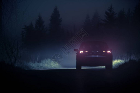 浓雾乡下汽车道夜间在危险的有雾条图片