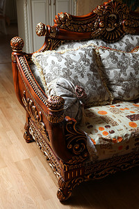 雕刻古董豪华昂贵的沙发带靠垫特写图片