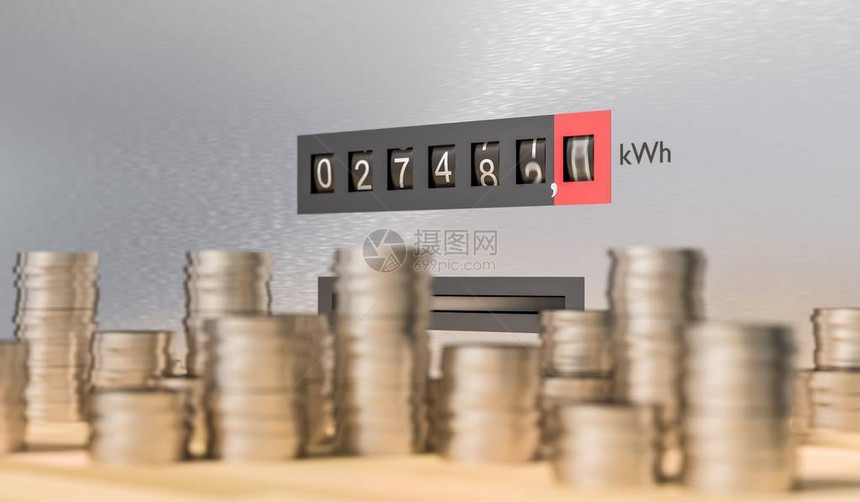 多枚硬币的电表昂贵的能源和电力消耗概念3D就证明了这一图片
