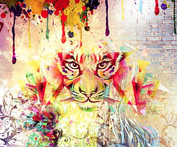 抽象彩色背景上的虎脸图片