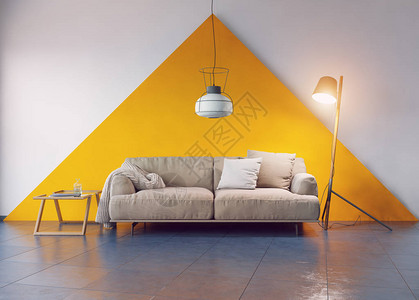 现代房间内部沙发和墙壁3d渲染概念图片
