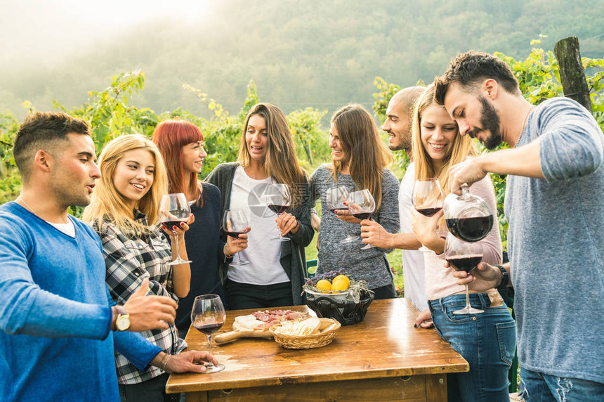 一群快乐的朋友在户外喝红酒玩得开心年轻人在农家葡萄园酒厂葡萄收获时吃当地新鲜食物生动温暖的过滤器上的图片