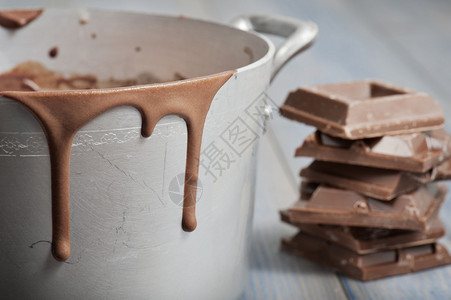 土锅有热融化巧克力滴水和巧克力块图片