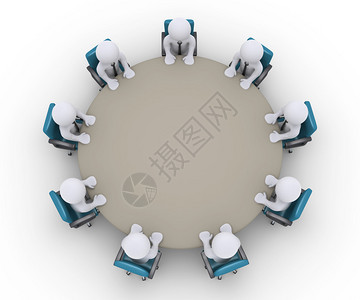 圆桌会议3d商人围坐在一张桌子旁作设计图片