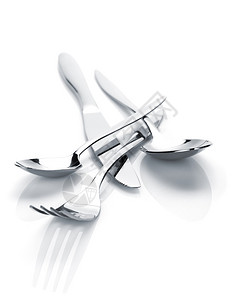 银器或餐具组的叉子勺子和刀子在白色背景上被隔离图片