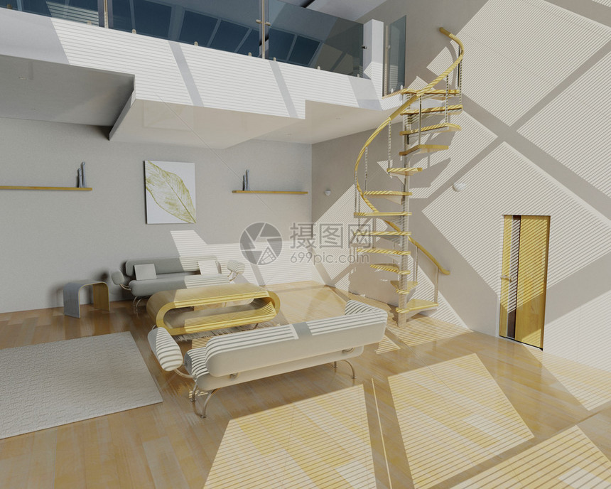 现代休息室的3D渲染图片