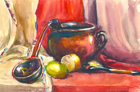 绘画用罐子厨房勺子水果和垃圾图片