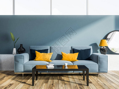 室内现代客厅内装有蓝色墙壁木地板和咖啡桌附近的蓝色图片