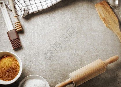厨房桌顶视图和烘烤用管烹饪背景图片
