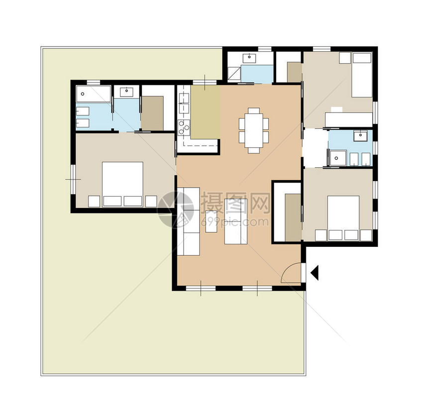 带有厨房卧室客厅餐厅浴室和家具阁楼顶视图概念室内设计的私人图片