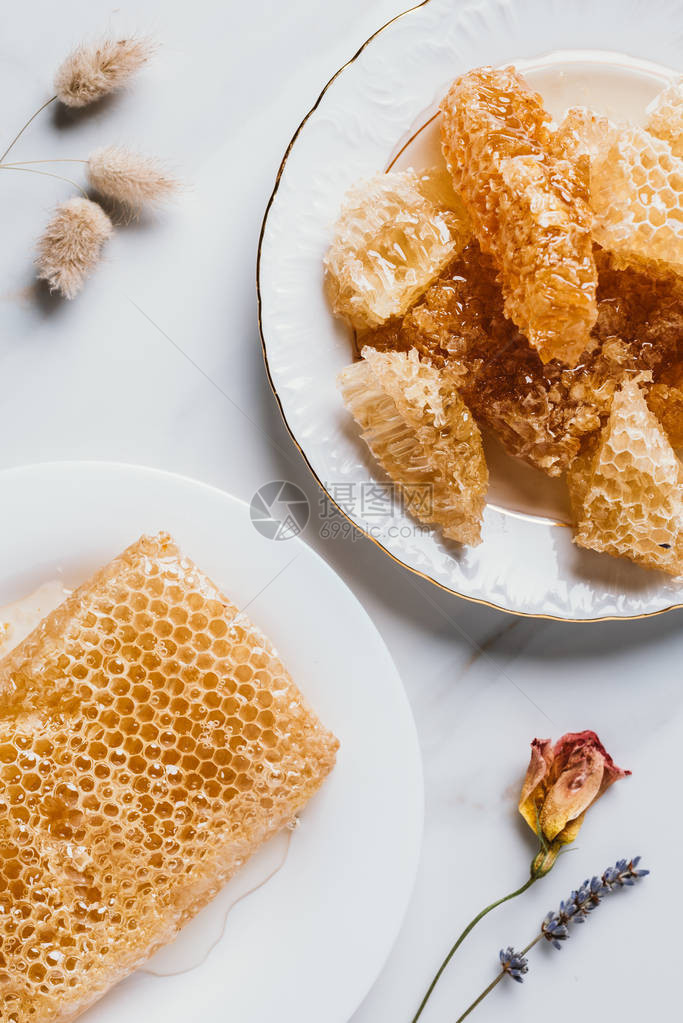 大理石桌上的蜂窝和花图片