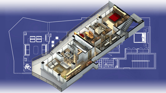 带家具的住宅公寓的3D插图图片