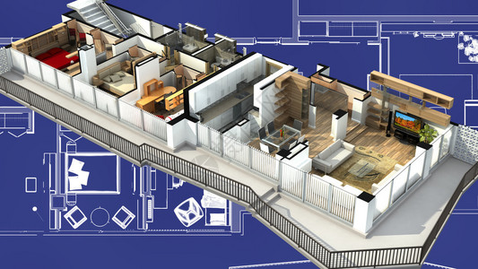 带家具的住宅公寓的3D插图图片