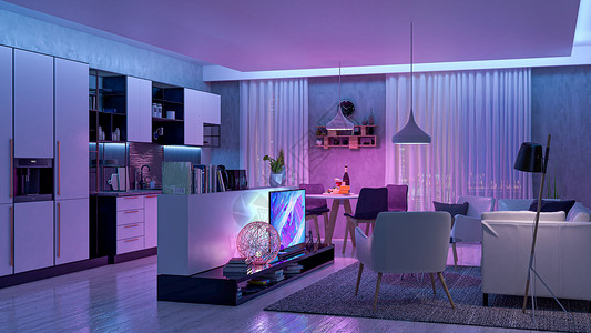 带彩色LED灯的现代智能家居3D渲染图片