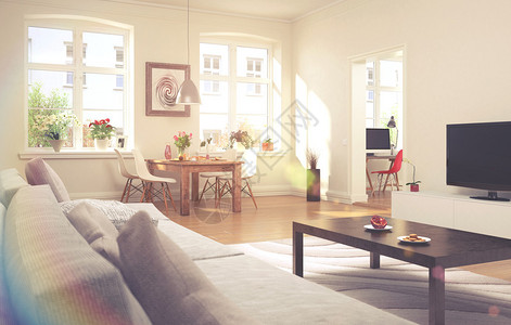 3d提供有客厅和餐饮区的舒适公寓图片