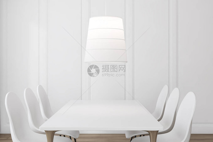 简约的餐厅内部有白色的墙壁木地板带白色椅子的白色长桌和上方时尚的吸顶灯图片