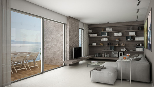 现代客厅有沙发和架子的开放空间装有阳台的图片