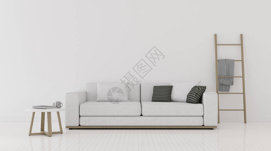 以白色沙发和白色墙上的木板边桌及明亮的压层地板看起居室空间对内地最低图片