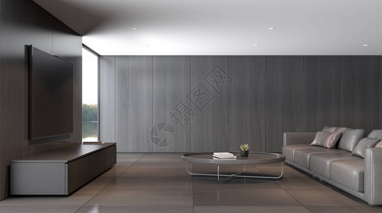现代豪华客厅与灰色皮革沙发餐桌和电视柜的视角是湖景背深木室内设计图片