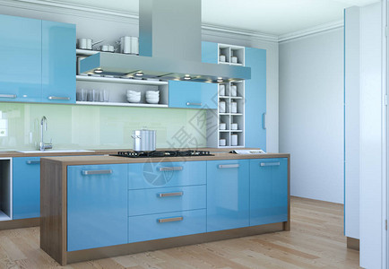 3d蓝色现代厨房图片