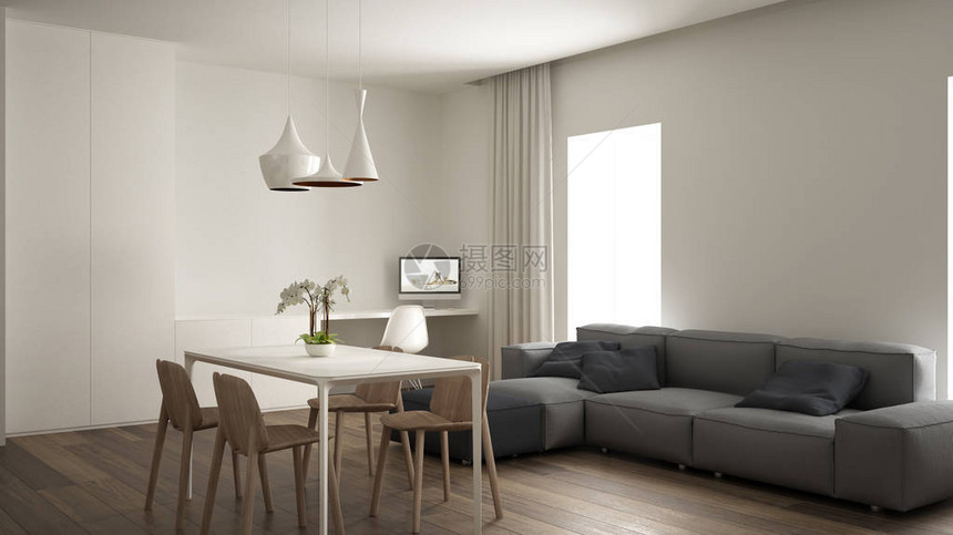 极简主义室内设计工作空间现代灰色沙发带木椅的餐桌镶木地板豪华吊灯建筑图片