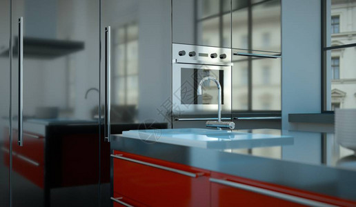 3d现代红色厨房在设计漂亮设计的图片