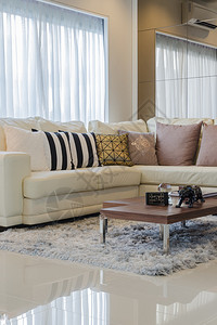 家里客厅里有枕头和木桌的白色沙发图片