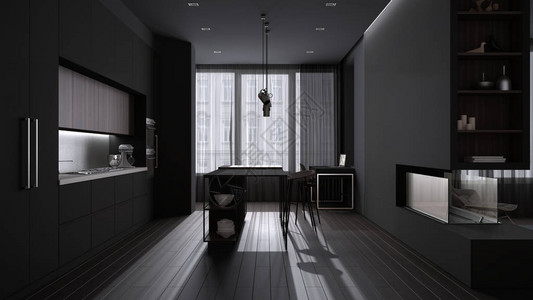 灰色调的豪华最小客厅带岛和凳子的装饰品吊灯镶木地板壁炉带窗帘的窗户图片