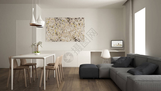 极简主义室内设计工作空间现代灰色沙发带木椅的餐桌镶木地板豪华吊灯建筑图片