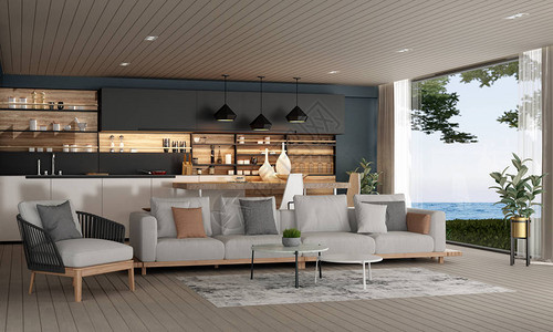3d提供现代阁楼客厅和餐厅室内设计和图片