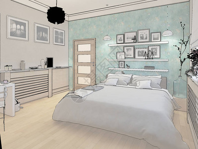3D渲染白色最小卧室内设计图片